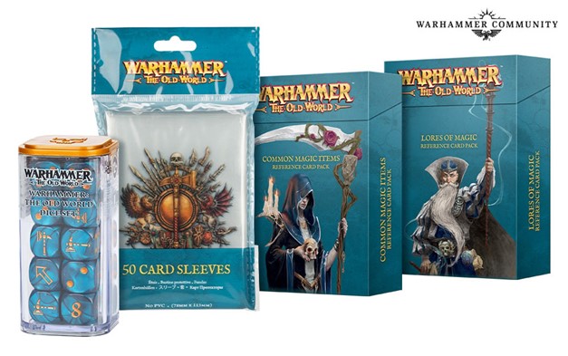 Warhammer: The Old World Dice Set, Lore of Magic Reference Cards, Common Magic Items Reference Cards, and Card Sleeves